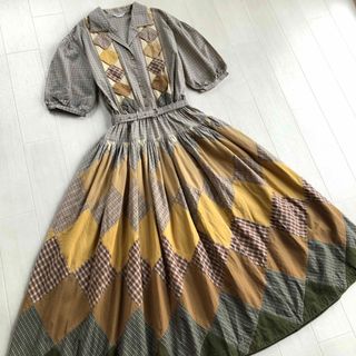 カネコイサオ チェック柄 格子 グラデーション パッチワーク 開襟 ワンピース