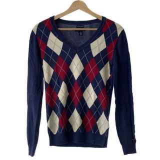 トミーヒルフィガー(TOMMY HILFIGER)のTOMMY HILFIGER(トミーヒルフィガー) 長袖カットソー サイズXS レディース - ネイビー×白×ピンク Vネック/アーガイル(カットソー(長袖/七分))