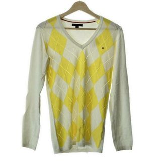 トミーヒルフィガー(TOMMY HILFIGER)のTOMMY HILFIGER(トミーヒルフィガー) 長袖カットソー サイズXS レディース - 白×イエロー Vネック/アーガイル(カットソー(長袖/七分))