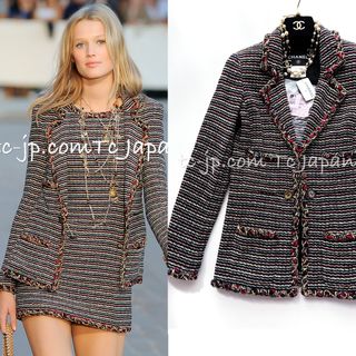シャネル(CHANEL)のシャネル ジャケット CHANEL ブラック マルチカラー ストライプ ボーダー ツイード カール・ラガーフェルド ココボタン 貴重 超美品 34(テーラードジャケット)