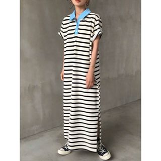 シーイン(SHEIN)のSHEIN FRIFUL 半袖ポロシャツワンピース ボーダー柄 Lサイズ(ロングワンピース/マキシワンピース)
