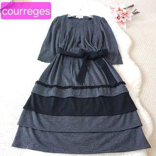 クレージュ(Courreges)の美品バイカラー クレージュ フレアーワンピース ベルト付き グレー 38サイズ(ひざ丈ワンピース)