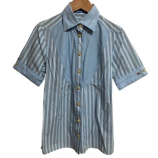 バーバリーブルーレーベル(BURBERRY BLUE LABEL)の良品 BURBERRY BLUE LABEL バーバリーブルーレーベル ストライプ柄 半袖 ブザムシャツ ブラウス サイズ38 ブルー レディース 古着 中古 USED(シャツ/ブラウス(半袖/袖なし))