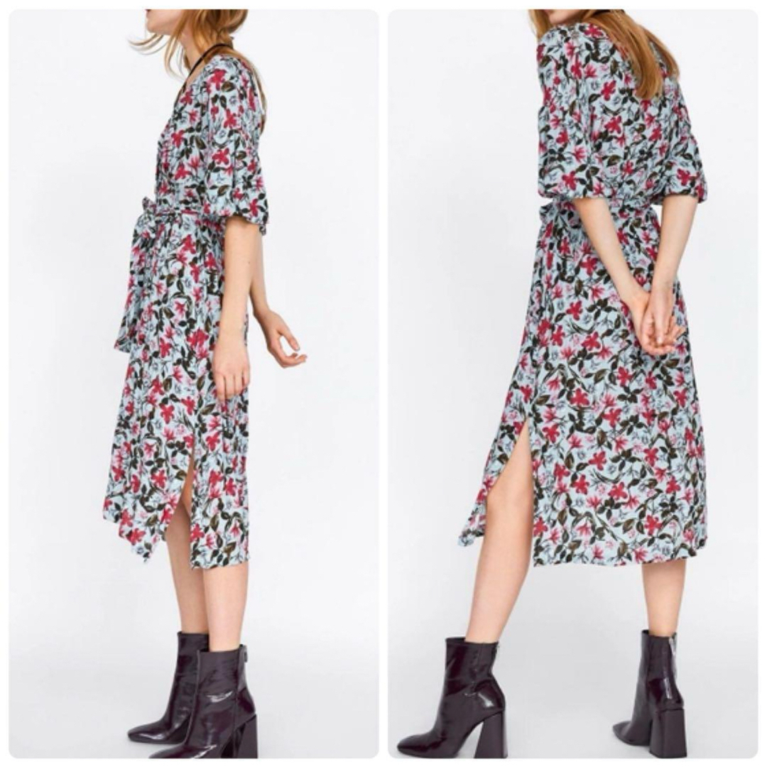 ZARA(ザラ)のZARA ベルト付き 花柄 ノーカラー Vネック シャツワンピース XS レディースのワンピース(ロングワンピース/マキシワンピース)の商品写真