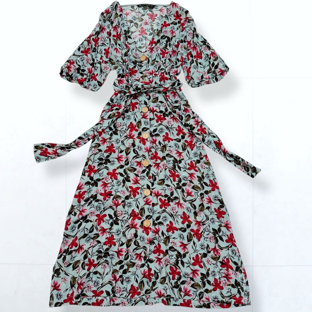 ZARA(ザラ)のZARA ベルト付き 花柄 ノーカラー Vネック シャツワンピース XS レディースのワンピース(ロングワンピース/マキシワンピース)の商品写真