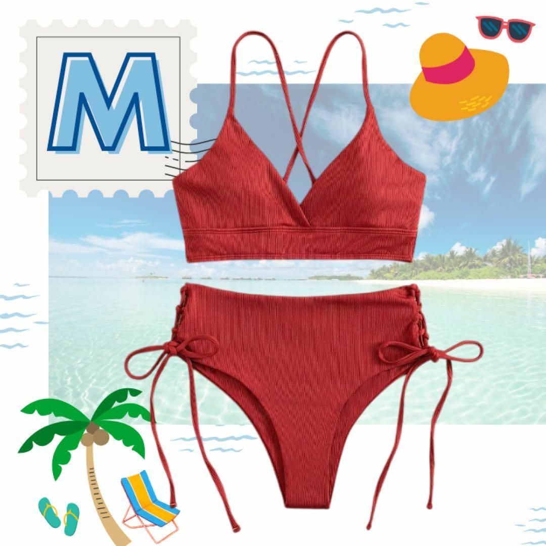 水着　ビキニ　レディース　バッククロス　サイド編み　M レッド　赤 レディースの水着/浴衣(水着)の商品写真