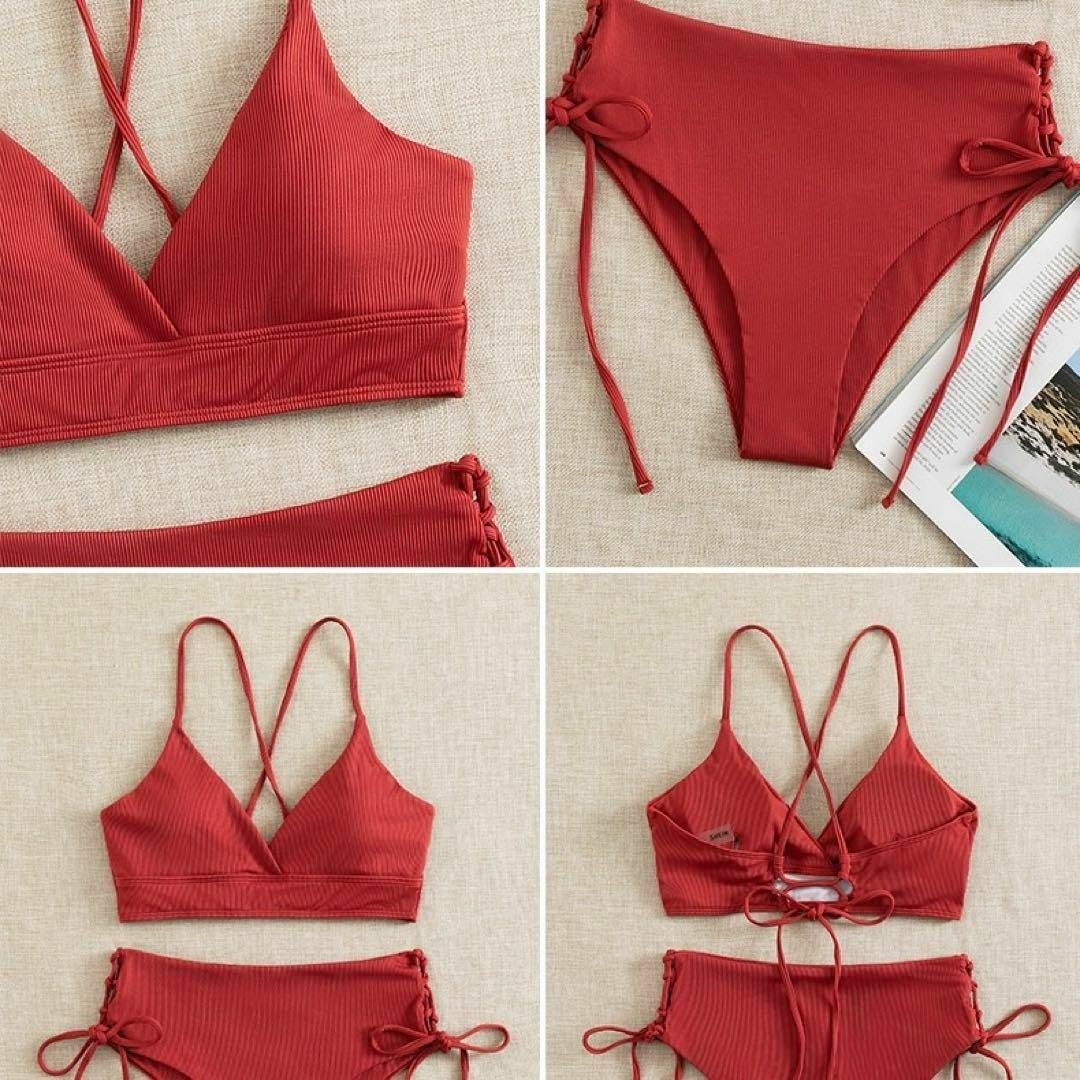水着　ビキニ　レディース　バッククロス　サイド編み　M レッド　赤 レディースの水着/浴衣(水着)の商品写真