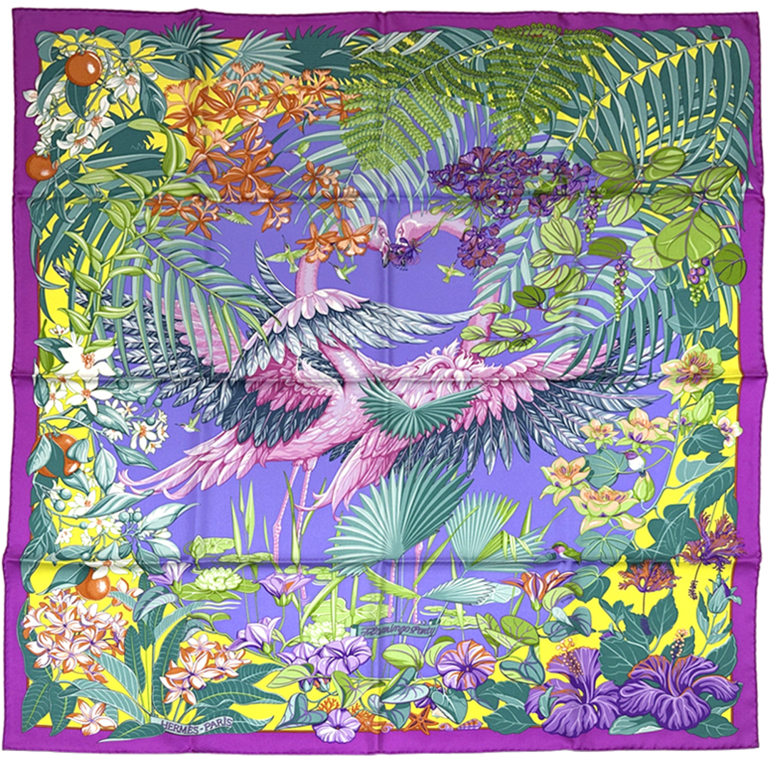 HERMES(エルメス)のエルメス HERMES スカーフ カレ90 FLAMINGO PARTY フラミンゴパーティー レディース ブランド シルク パープル マルチカラー パープル系 アニマル 動物 鳥 植物 ジャングル 【中古】 レディースのファッション小物(バンダナ/スカーフ)の商品写真