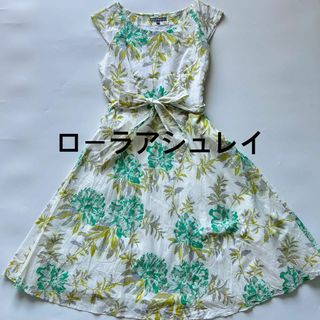 LAURA ASHLEY - ローラアシュレイ　リボンベルト　フラワー　Aライン　フレア　フレンチスリーブ