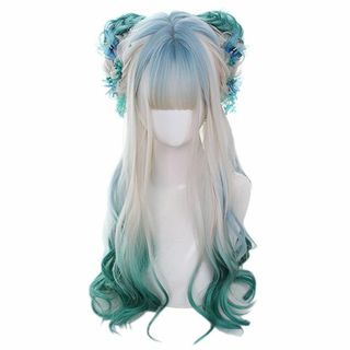 ロリータ ウィッグ ロング カール 白 緑 青 メッシュ 原宿風 GAL系 ゴス(その他)