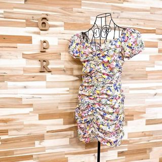 ザラ(ZARA)の【ザラ】フラワー オール ギャザー 半袖ワンピース リゾート 花柄 L ピンク(ミニワンピース)