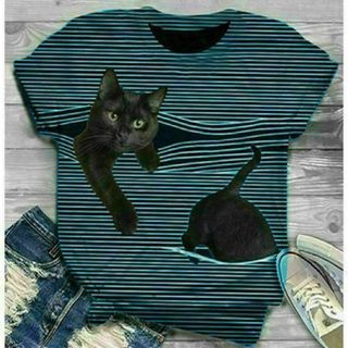 M　大人気　韓国版　動物印象　半袖Tシャツ　ゆったり　黒猫　ボーダー(Tシャツ(半袖/袖なし))