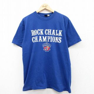 L★古着 半袖 ビンテージ Tシャツ メンズ 00年代 00s カンザスジェイホークス コットン クルーネック 青 ブルー 25jul11 中古(Tシャツ/カットソー(半袖/袖なし))