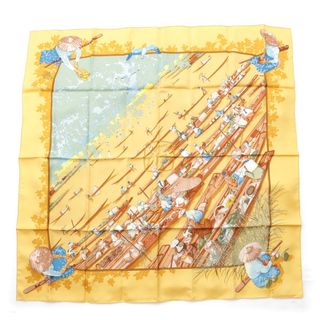 エルメス(HERMES)のエルメス シルク カレ90 インレ湖の水上マーケット marche flottant du lac inle スカーフ イエロー【中古】(スカーフ)