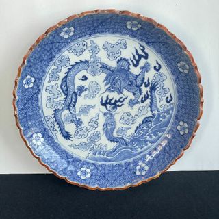 アリタヤキ(有田焼)の大明成化年製 古伊万里 大皿 染付 印判 双龍雲海 青花雲龍圖稜花盤 骨董 美品(陶芸)