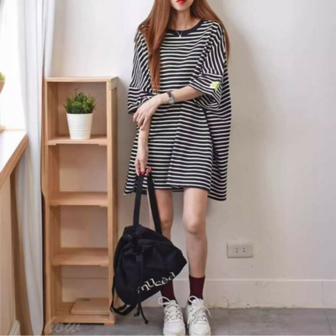 レディース tシャツ ボーダー ドロップショルダー ビッグシルエット 半袖 レディースのトップス(Tシャツ(半袖/袖なし))の商品写真