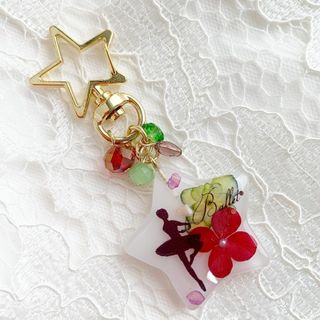 【2456】バレエballetキーホルダー 星型☆赤アナベルと黄緑の八重の紫陽花(ダンス/バレエ)