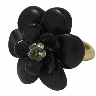 シャネル(CHANEL)の本物 シャネル CHANEL カメリア ラインストーン リング 指輪 13号 GP ゴールドメッキ ブラック Camelia アクセサリー ジュエリー 中古・(リング(指輪))