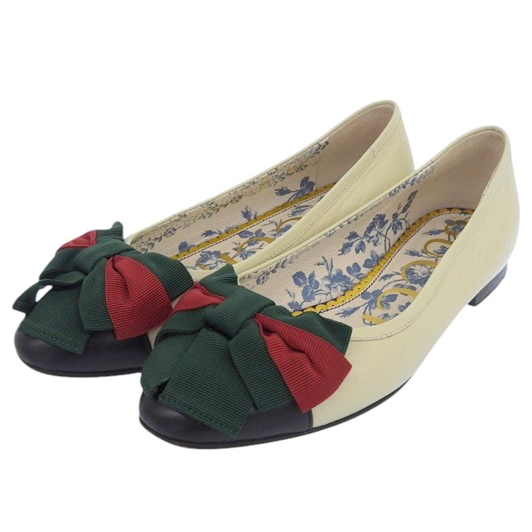 GUCCI - グッチ レザー ウェブリボン フラットパンプス