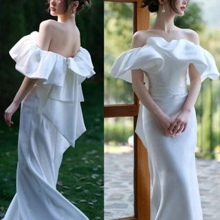 ウェディングドレス S ロング ホワイト フリル オフショル 結婚式 パーティー(ウェディングドレス)