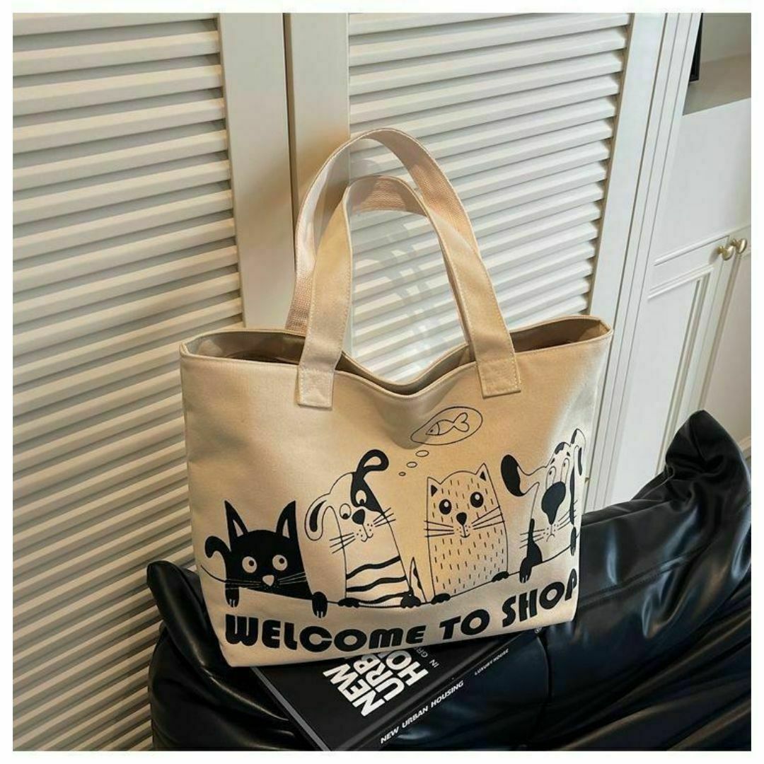 カジュアル ネコ柄 犬柄 トートバッグ 大容量 キャンバス ショルダー ベージュ レディースのバッグ(トートバッグ)の商品写真