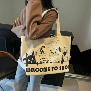 カジュアル ネコ柄 犬柄 トートバッグ 大容量 キャンバス ショルダー ベージュ(トートバッグ)