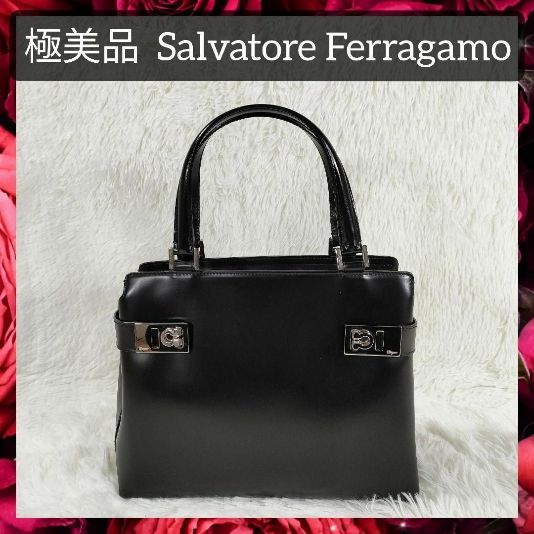 極美品 フェラガモ ガンチーニ ハンドバッグ レザー ブラック トート Salvatore Ferragamo - 極美品 フェラガモ ハンドバッグ