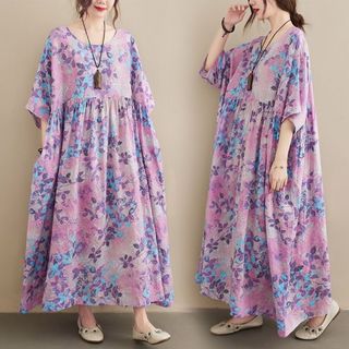 ワンピース　薄紫色　リネン　通気性(ロングワンピース/マキシワンピース)