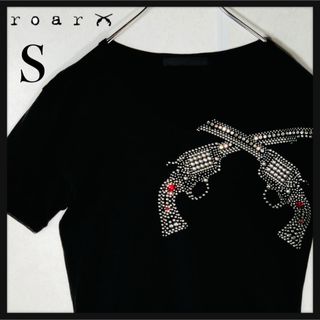 【人気デザイン】ロアー ダブルガンズ ラインストーン デカロゴ 黒 Tシャツ S