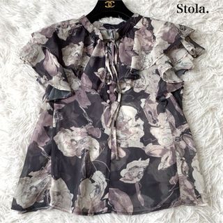 Stola. - Stola. 花柄プリントフリルブラウス 36サイズ シアー 手書き風