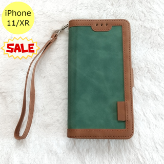 セール中♪ レトロ 手帳型 iPhone11/XRケース グリーン(iPhoneケース)