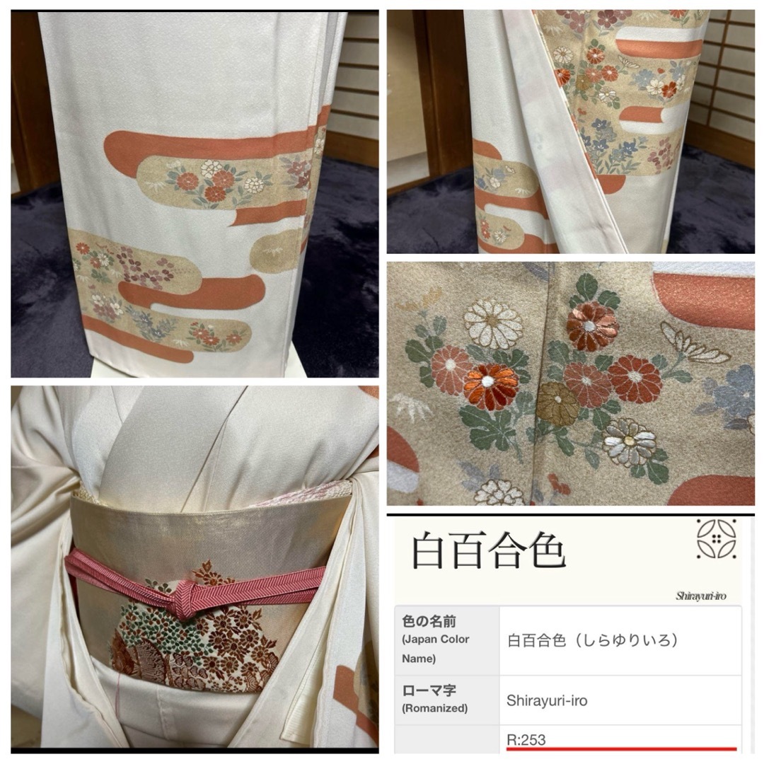 正絹縮緬紋付汕頭刺繍訪問着フルセット4点　美品着物+特選帯+帯締め+帯揚げ 正絹縮緬紋付汕頭刺繍訪問着フルセット4点 美品着物+特選帯+