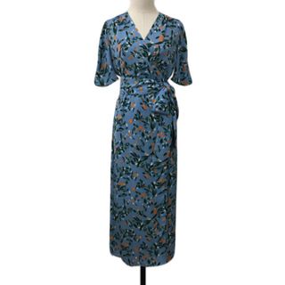 イエナ(IENA)のイエナ ワンピース Iライン ロング カシュクール 総柄 半袖 36 水色 緑(ロングワンピース/マキシワンピース)