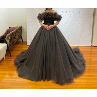 カラードレス ダークグレー オフショルダー サッシュベルト ソフトチュール 前撮