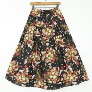 カネコイサオ(KANEKO ISAO)の【美品】カネコイサオ★華やか！ギャザースカート 黒系 チューリップ柄♪z14299(ロングスカート)