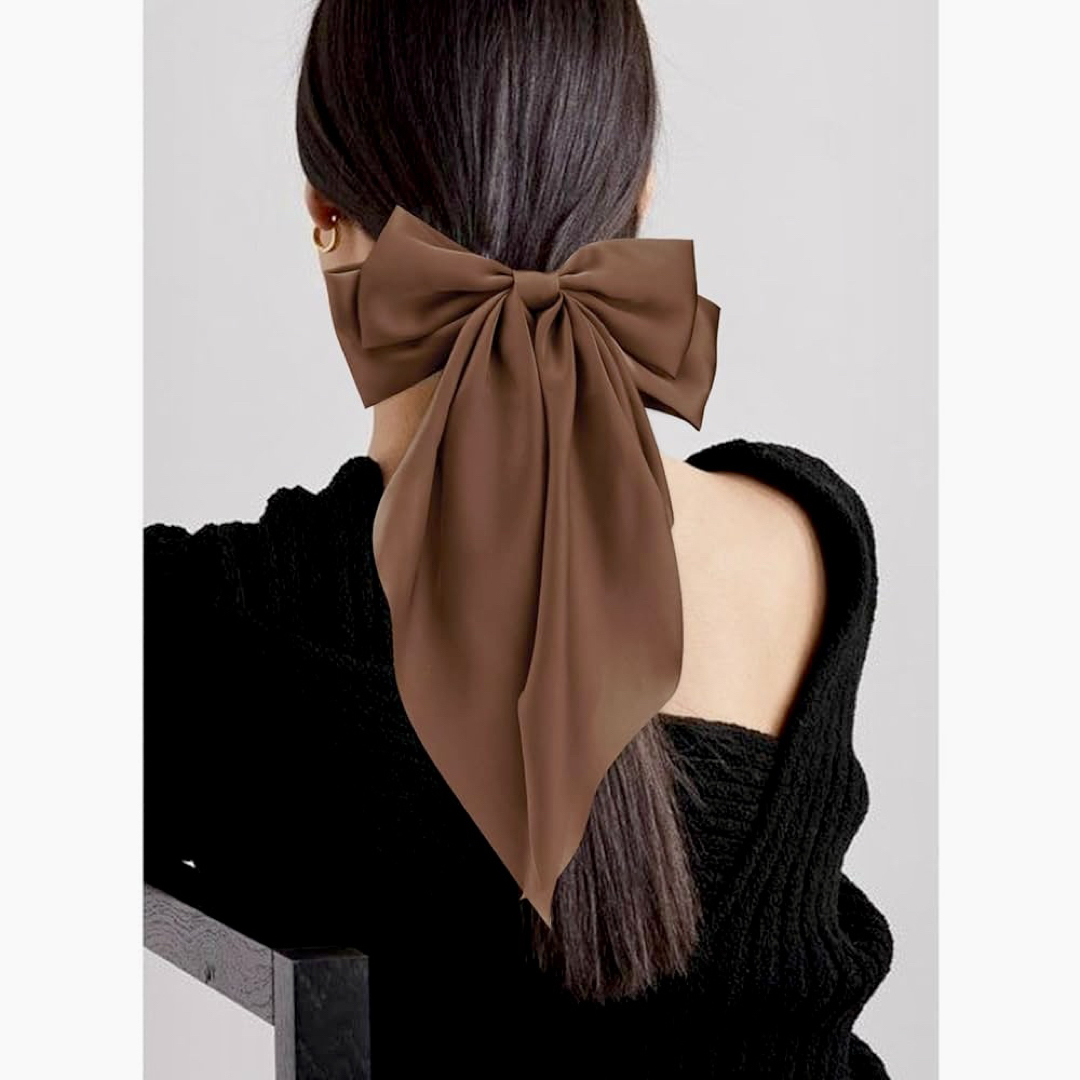 新品　サテンリボンバレッタ　ビッグリボン　ヘアスカーフ　茶色　高級感　髪留め レディースのヘアアクセサリー(バレッタ/ヘアクリップ)の商品写真