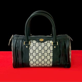 グッチ(GUCCI)の極 美品 GUCCI グッチ オールドグッチ ヴィンテージ グッチプラス ロゴ 金具 柄 レザー ハンドバッグ ミニ ボストンバッグ ネイビー 22667(ハンドバッグ)