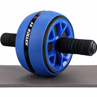 【色:ブルー/ブラック】AUOPLUS 腹筋ローラー 膝マット付き アブホイール(トレーニング用品)
