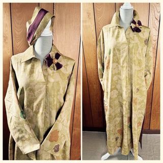正絹　スキッパーワンピース　ターバン＆ブローチ付き　着物古布リメイクハンドメイド(ロングワンピース/マキシワンピース)