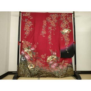 平和屋着物▼豪華振袖　扇面花鳥文　正絹　逸品　AAAX1870ck(振袖)