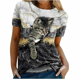 【新品】3Dリアル猫プリントTシャツ Sサイズ 個性派モノトーン レディース(Tシャツ(半袖/袖なし))