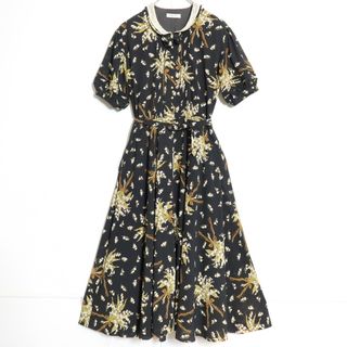 カネコイサオ(KANEKO ISAO)の【美品】カネコイサオ★すずらん柄ワンピース 黒系 ゆったりフォルム♪パールビーズ＆ピコレース♪z14336(ロングワンピース/マキシワンピース)