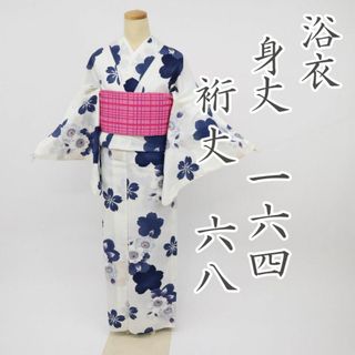 浴衣 長尺 夏着物 桜の花模様 白紺 普段着 木綿 お祭りやお稽古に 7US10(浴衣)