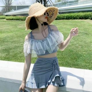 在庫わずか フリル付きセパレート水着 グレー Mサイズ(水着)