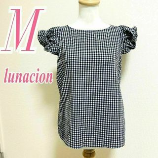 ルナシオン　ブラウス　M　ブラック　ホワイト　ギンガムチェック　ボリューム袖(シャツ/ブラウス(半袖/袖なし))