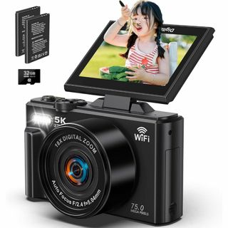 デジタルカメラ 5K録画 デジカメ 7500万画素 Wi-Fi機能 180度回転(コンパクトデジタルカメラ)