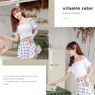 ♡夏 ホワイトのシャーリングトップ×水玉スカートのセパレート水着 清楚かわいい(水着)