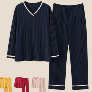 koti + ルームウェア パジャマ 部屋着 セット ネイビー M レディース(ノーカラージャケット)