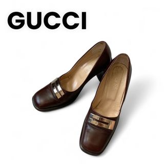 グッチ(GUCCI)のGUCCI グッチ ロゴ プレート パンプス 36 ブラウン 茶色 金具ゴールド(ハイヒール/パンプス)