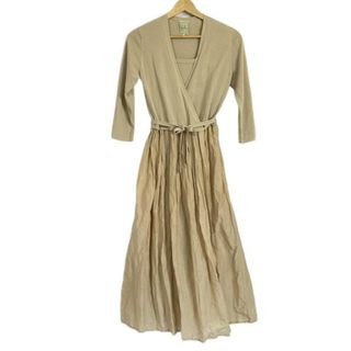 Sybilla - Sybilla(シビラ) ワンピース サイズM レディース美品  - ベージュ Vネック/七分袖/ロング/シルク混/カシュクール/異素材切替/キャミペチコート付き